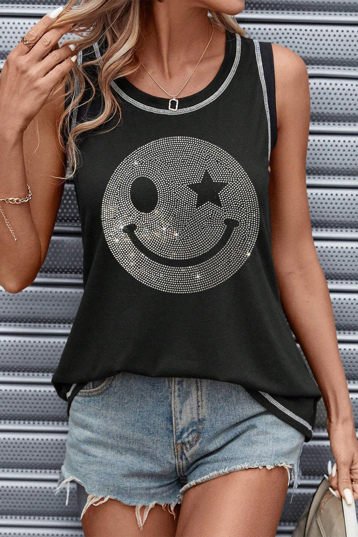 Fashion Sava | Smile Face Tank | Rhinestone Embellished