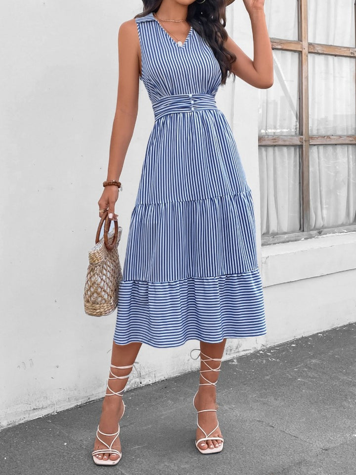 Fashion Sava | Sleeveless Midi Dress | Striped Johnny Collar Style - Yellow