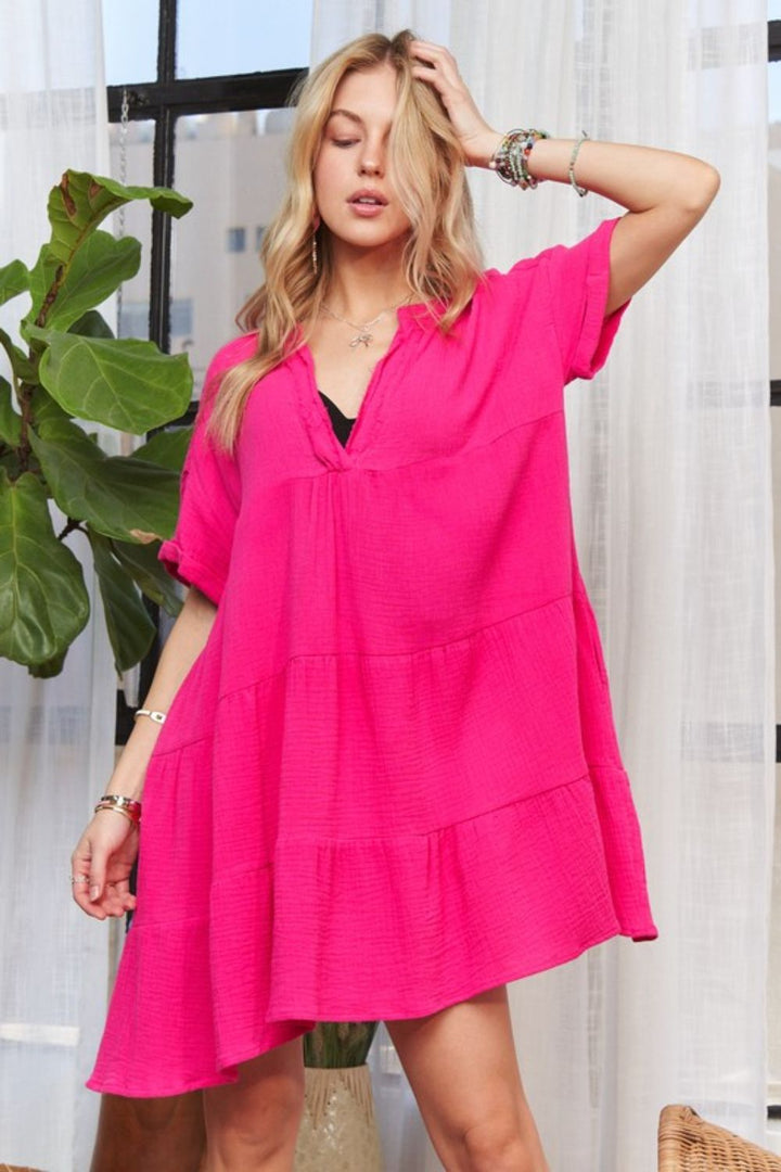 Fashion Sava | ADORA Tiered Dress | Chic Notched Short Sleeve - Hot Pink
