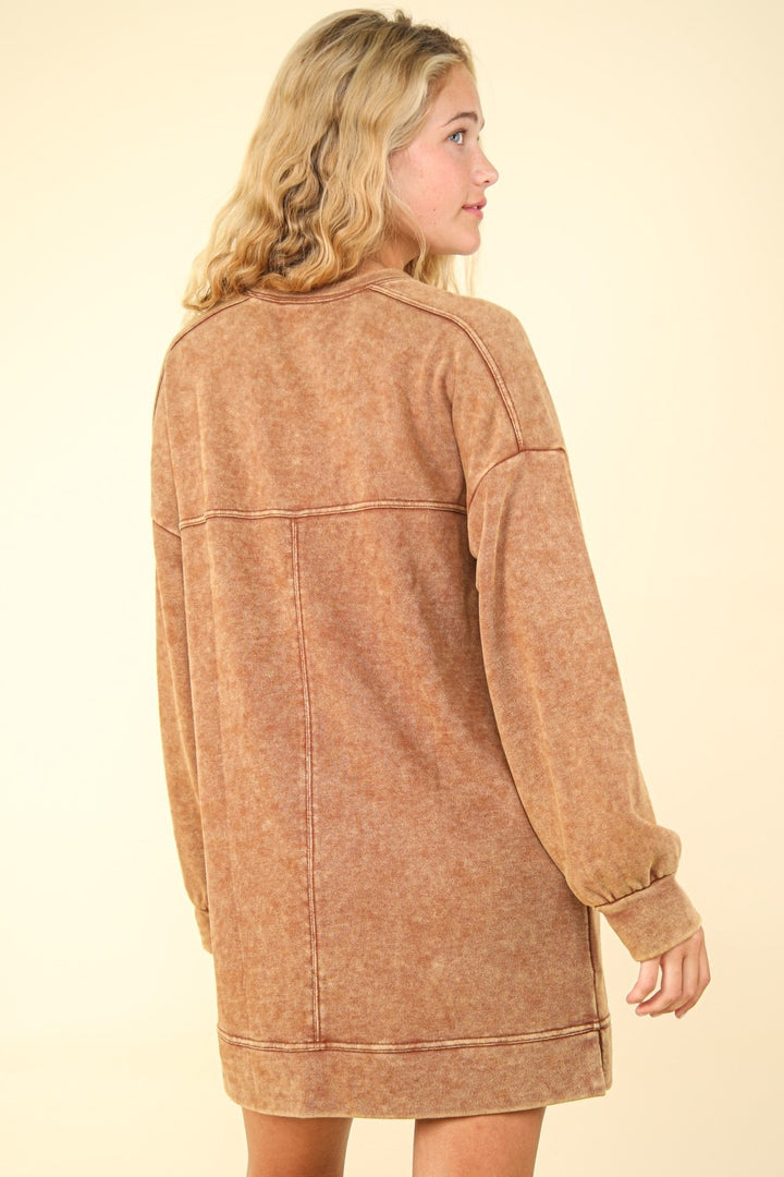 Fashion Sava | Mineral Washed Sweatshirt Dress | Oversized Mini Dress - Camel
