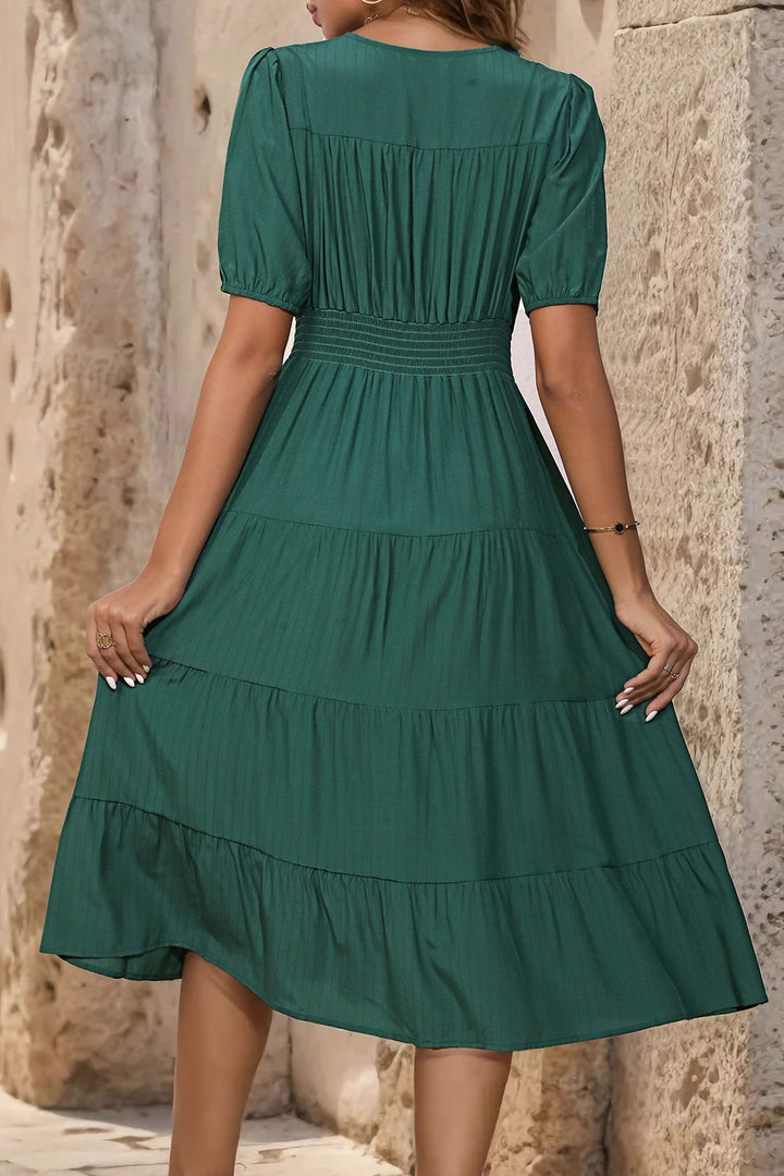 Fashion Sava | V-Neck Button Up Midi Dress | Balloon Sleeve Elegance - Dark Green