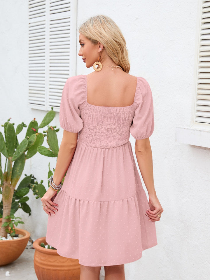 Fashion Sava | Swiss Dot Smocked Dress | Elegant Square Neck - Caramel