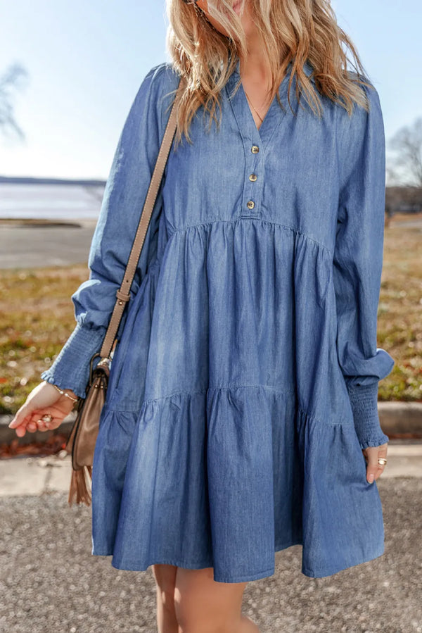 Fashion Sava | Tiered Denim Dress | Johnny Collar Style - Medium