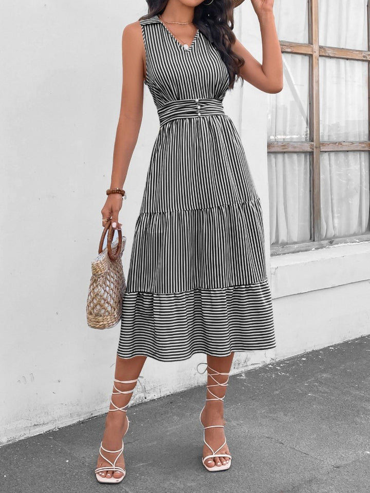Fashion Sava | Sleeveless Midi Dress | Striped Johnny Collar Style - Black