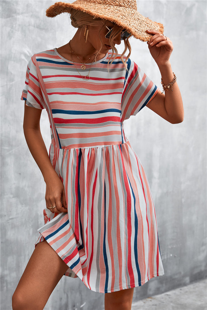 Fashion Sava | Striped Round Neck Dress | Casual Chic Wear - Caramel