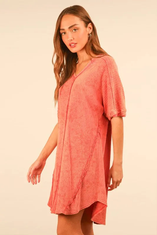 Fashion Sava | Mineral Washed Knit Mini Dress | Plus Size - Coral