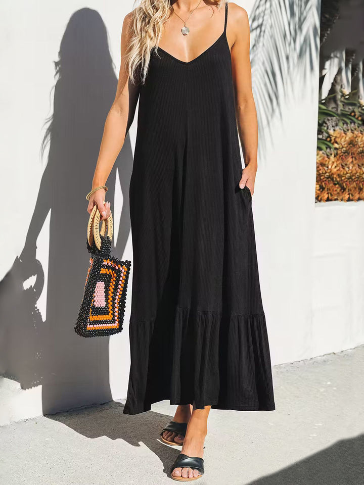 Fashion Sava | V-Neck Midi Dress | Ruffled Hem - Black