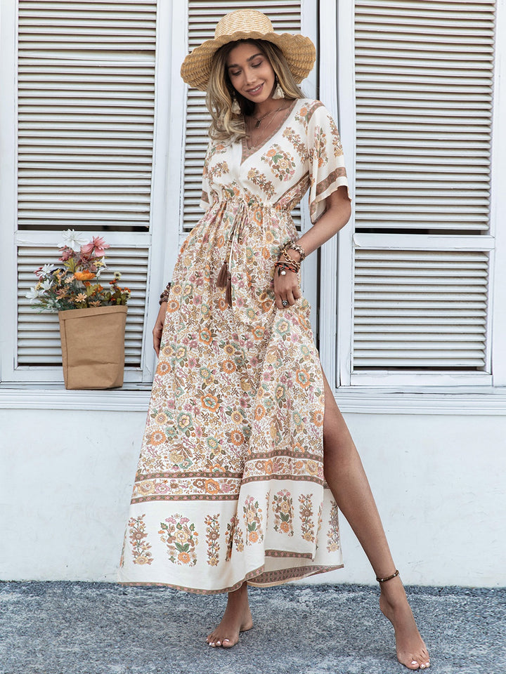 Fashion Sava | Plunge Half Sleeve Dress | Drawstring & Printed Design - Khaki
