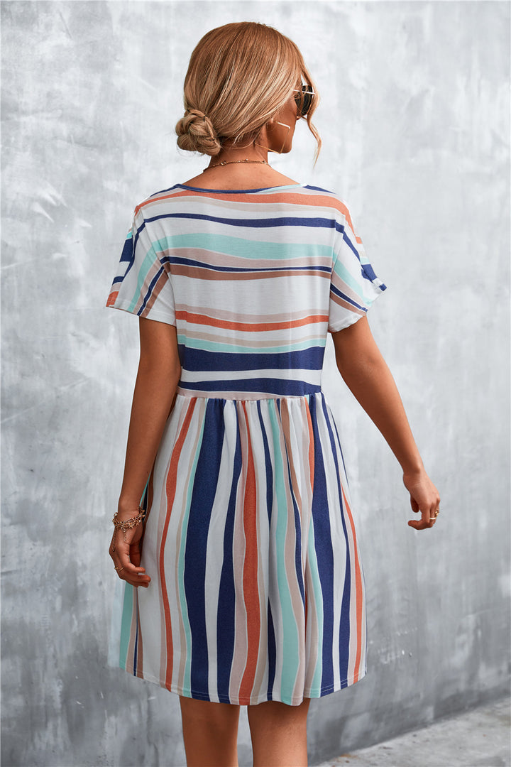 Fashion Sava | Striped Round Neck Dress | Casual Chic Wear - Navy