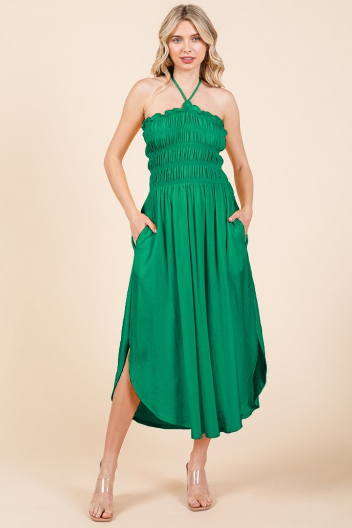 Fashion Sava | Tie Back Shirring Dress | Pockets Included - Green Pop