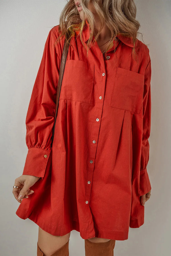 Fashion Sava | Button Down Shirt Dress | Pocketed Long Sleeve Design - Red