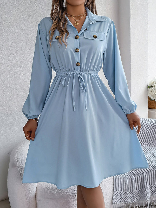 Fashion Sava | Collared Long Sleeve Dress | With Pockets - Light Blue