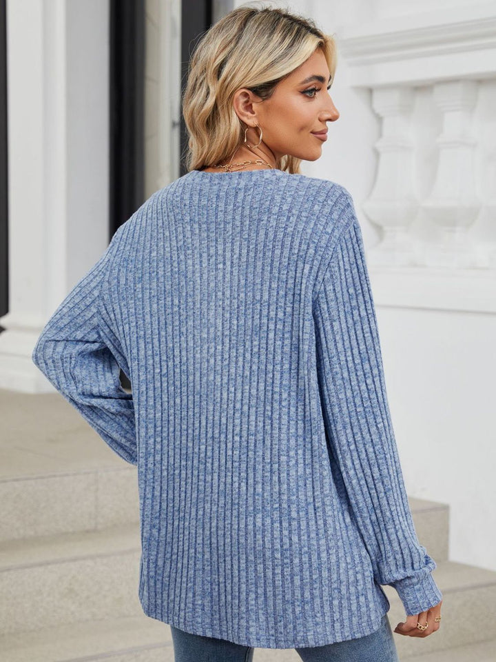 Fashion Sava | Ribbed Notched T-Shirt | Versatile Long Sleeve Top