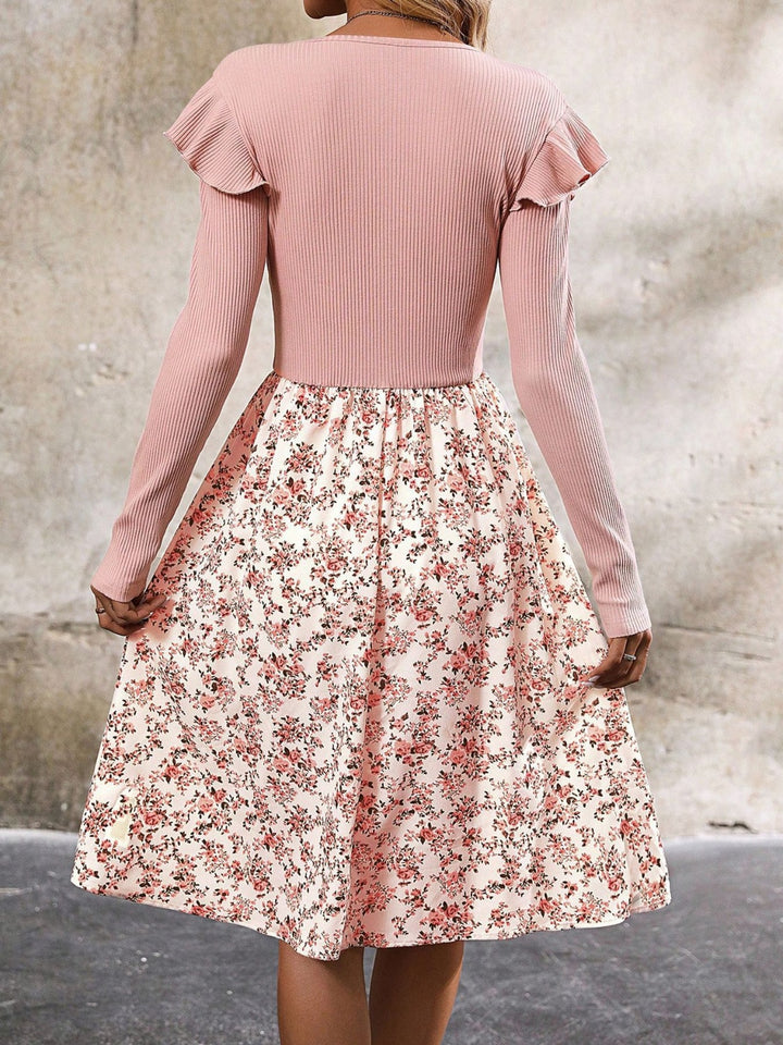 Fashion Sava | Ruffled Floral Dress | Knee Length Elegance - Blush Pink
