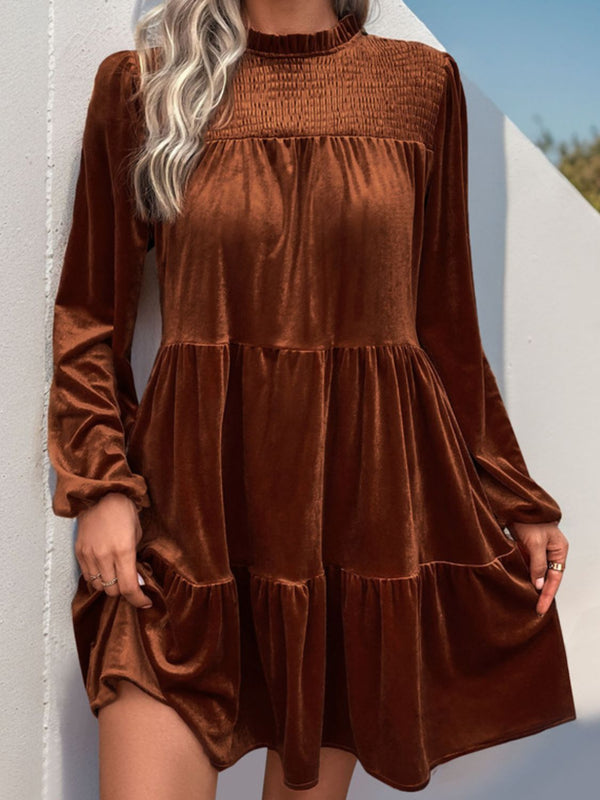 Fashion Sava | Tiered Ruched Mock Neck Dress | Long Sleeve Elegance - Caramel