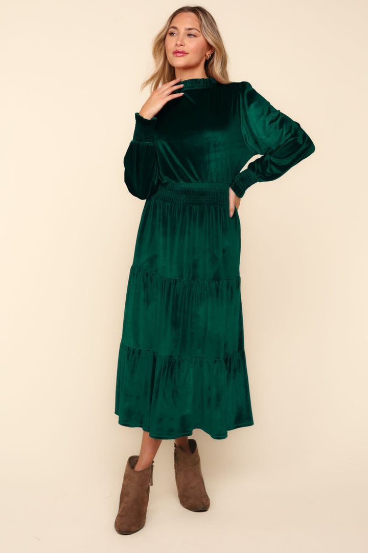 Fashion Sava | Velvet Tiered Dress | Mock Neck Smocked Waist - Hunter Green
