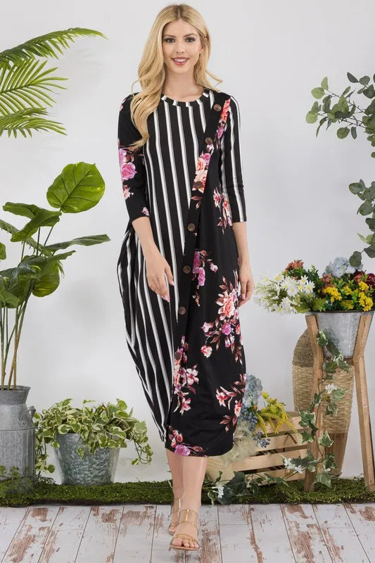 Fashion Sava | Midi-Dress | Stripe Floral Contrast with Buttons