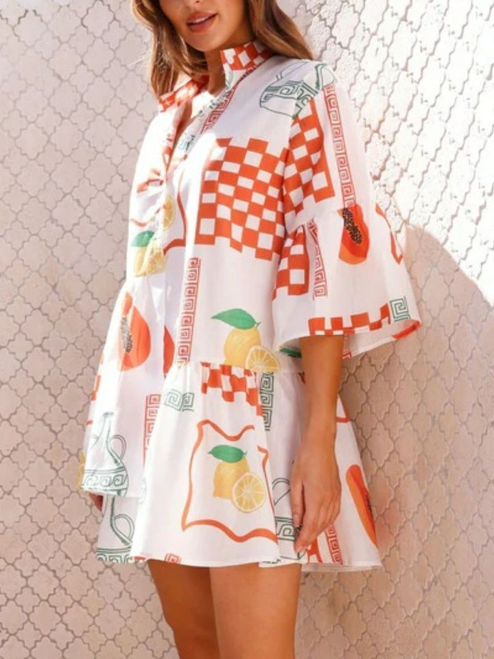 Fashion Sava | Three-Quarter Sleeve Mini Dress | Printed Design - Orange