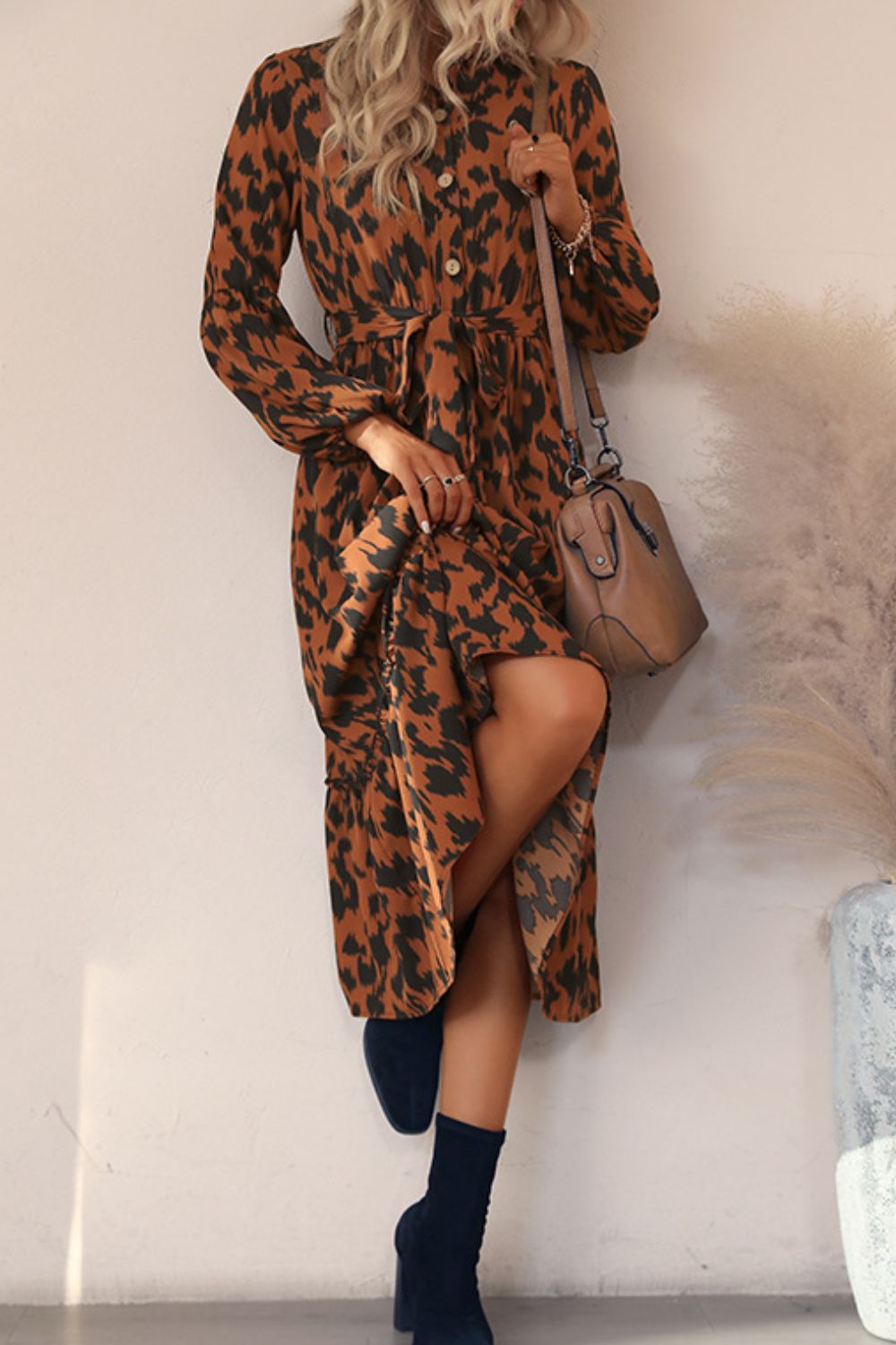 Perfee Printed Bubble Sleeve Buttoned Shirt Dress