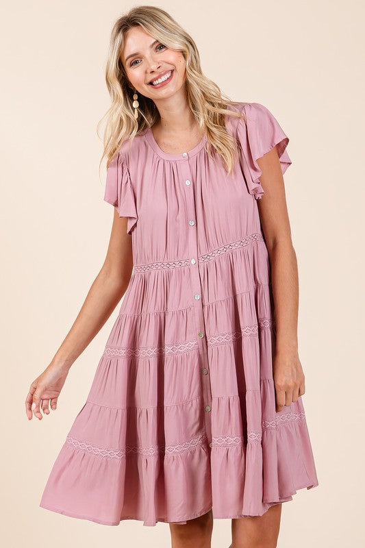 Fashion Sava | Mittoshop Button Down Dress | Lace Ruffled Tiered Design - Dusty Pink