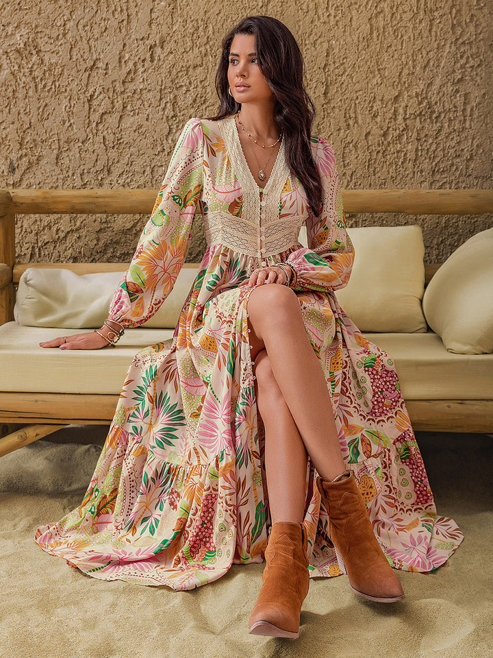 Fashion Sava | Lace Detail Midi Dress | Elegant Printed Design - Multicolor