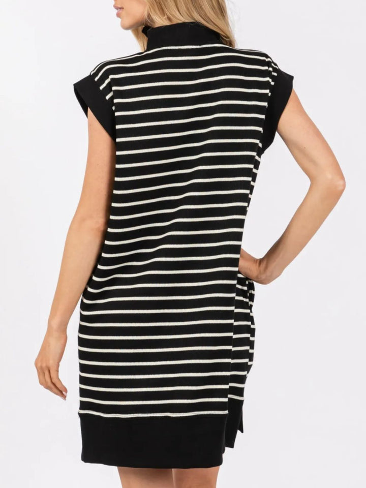 Fashion Sava | Striped Quarter Zip Dress | Pocketed & Cap Sleeve - Cream
