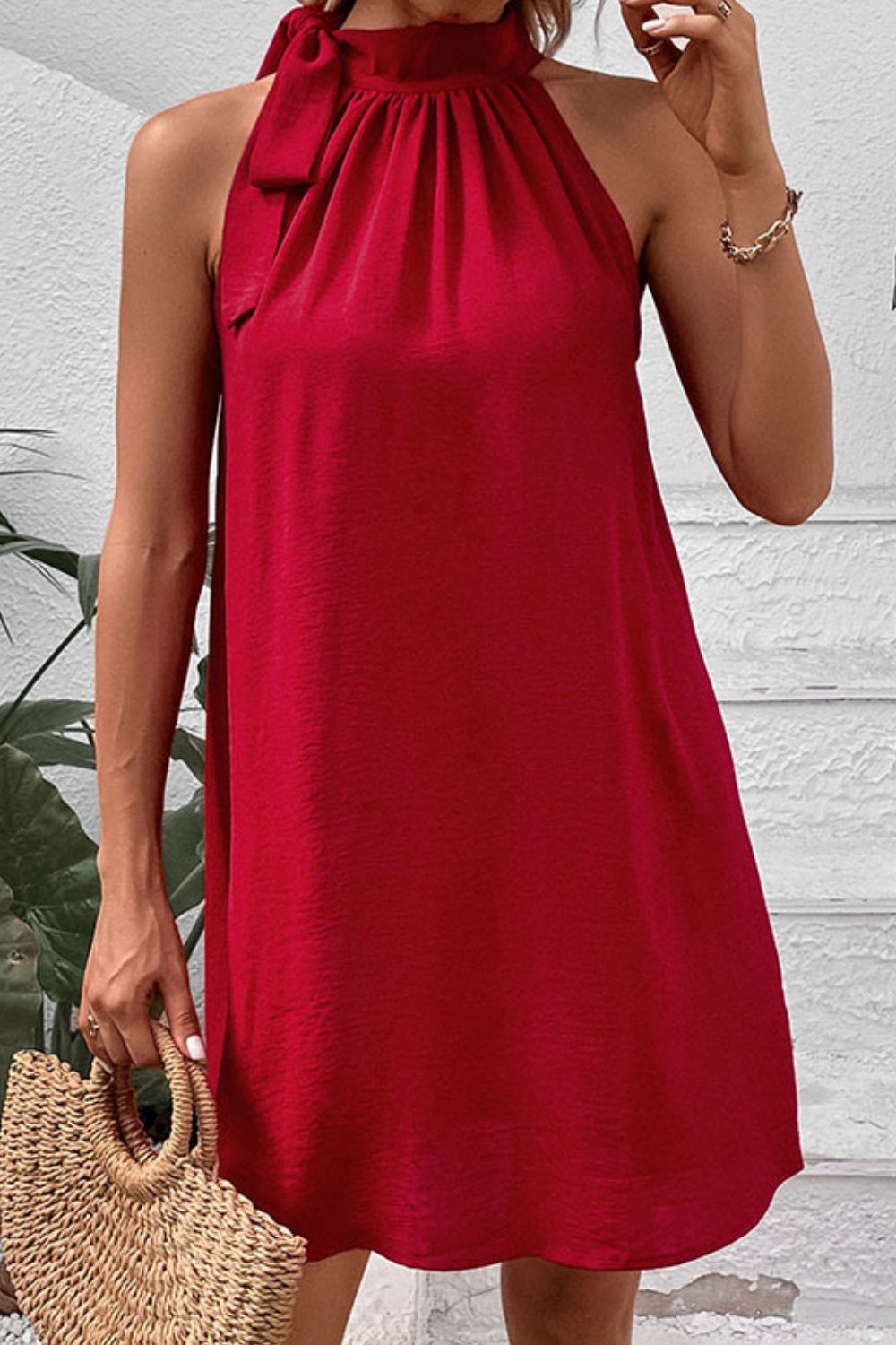 Perfee Tied Mock Neck Sleeveless Dress