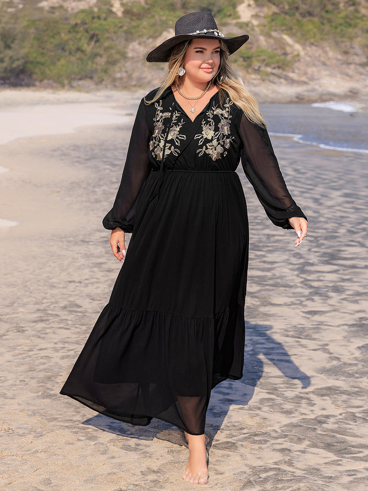 Fashion Sava | Embroidered Tie Neck Dress | Elegant Long Sleeve - Black