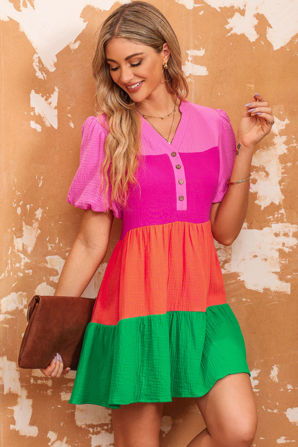 Fashion Sava | Puff Sleeve Dress | Buttoned Style - Multicolor