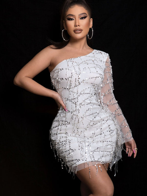 Fashion Sava | Sequin One Shoulder Dress | Mesh Sleeve Elegance - White