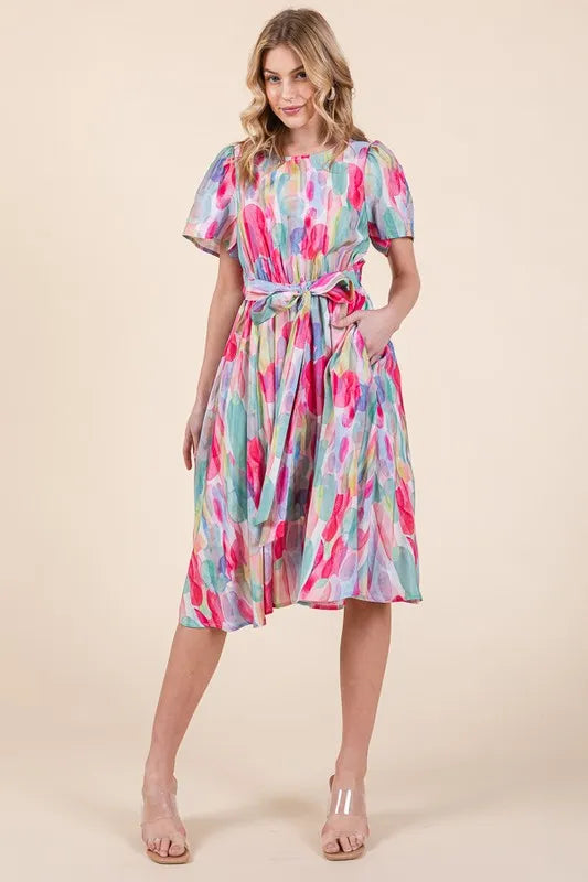 Fashion Sava | Watercolor Midi Dress | Tie Front Elegance