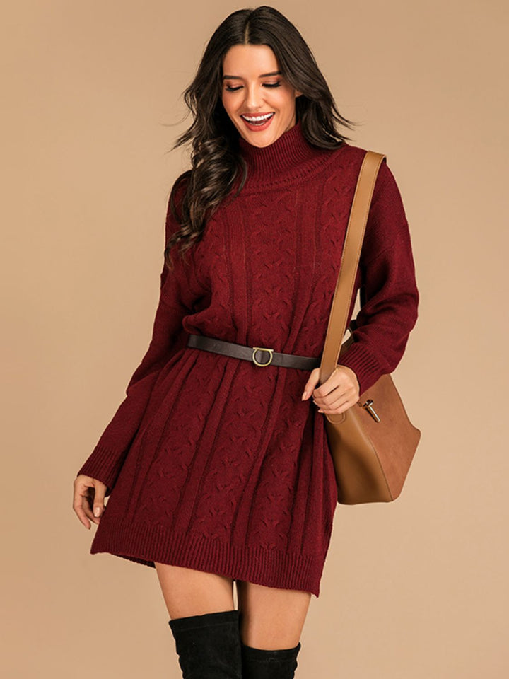 Fashion Sava | Slit Turtleneck Mini Dress | Cozy Long Sleeve Style - Burgundy