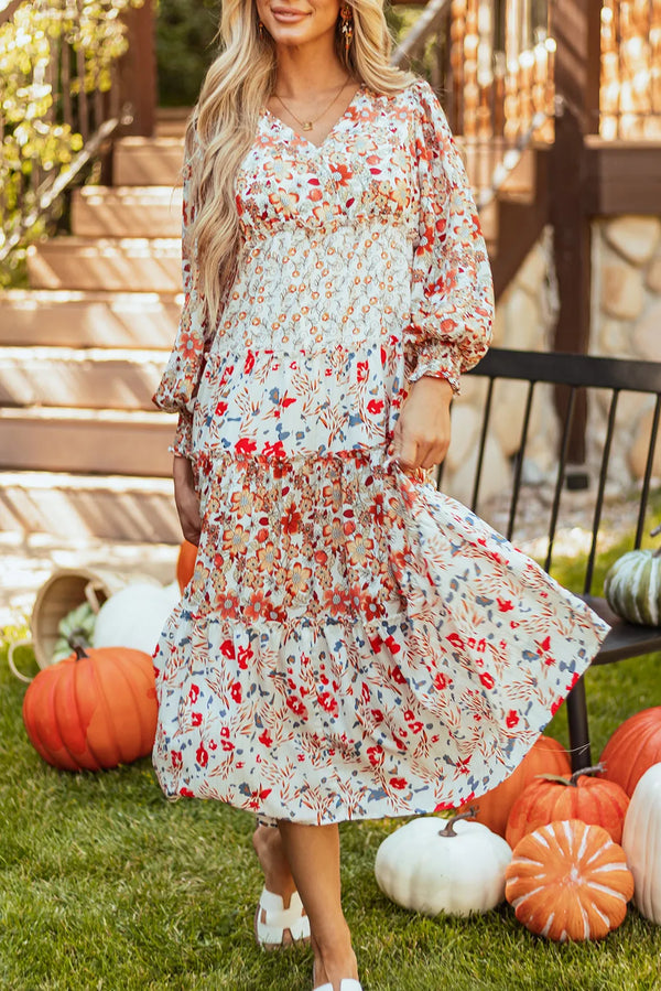 Fashion Sava | V-Neck Lantern Sleeve Dress | Elegant Printed Midi - Floral
