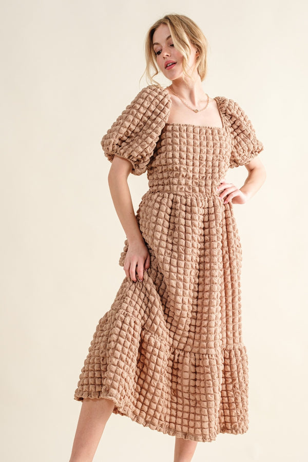 Fashion Sava | Square Neck Puff Sleeve Dress | Full Size Chic - Latte