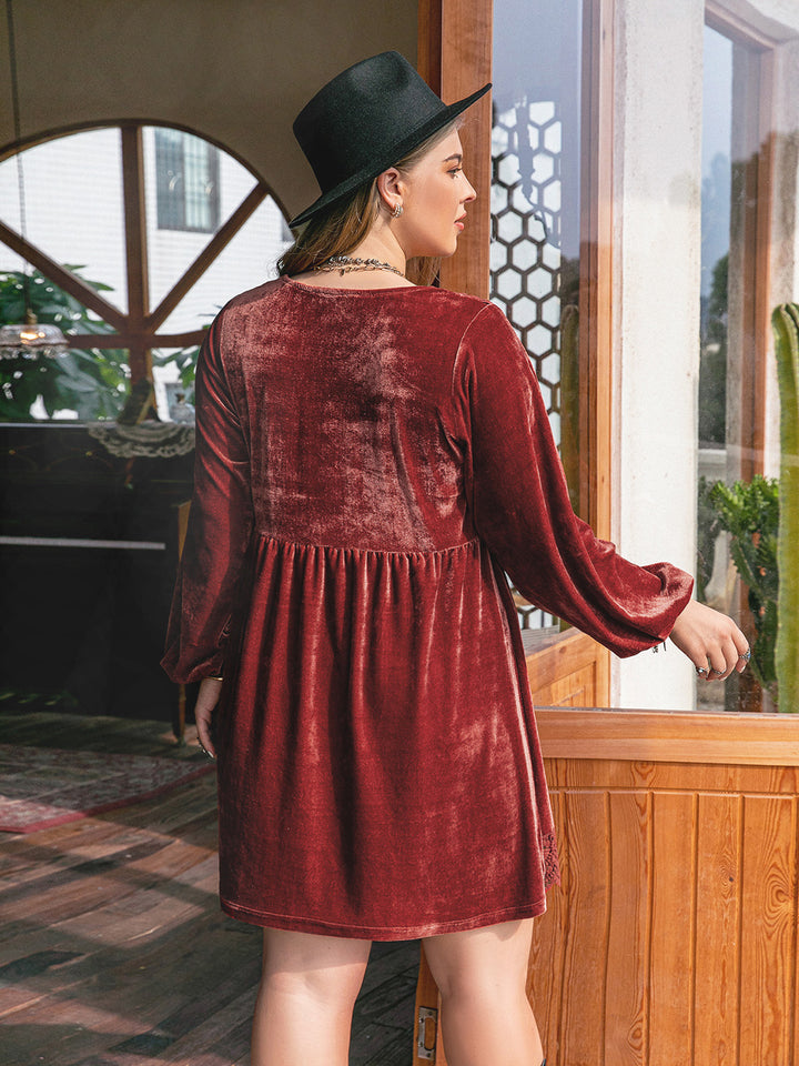 Fashion Sava | Lace Detail V-Neck Mini Dress | Chic Long Sleeve Style - Rust