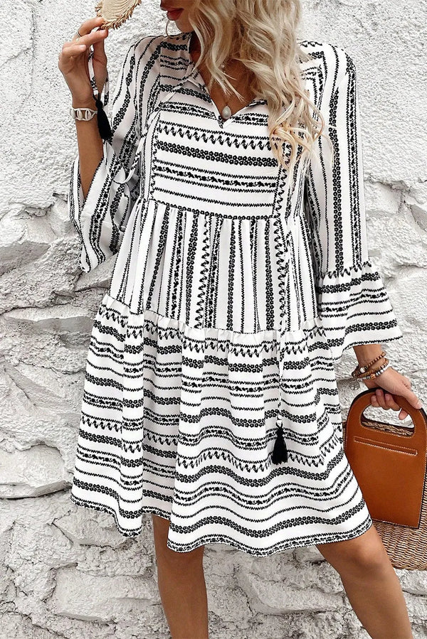 Fashion Sava | Tie Neck Mini Dress | Printed Chic Style - White