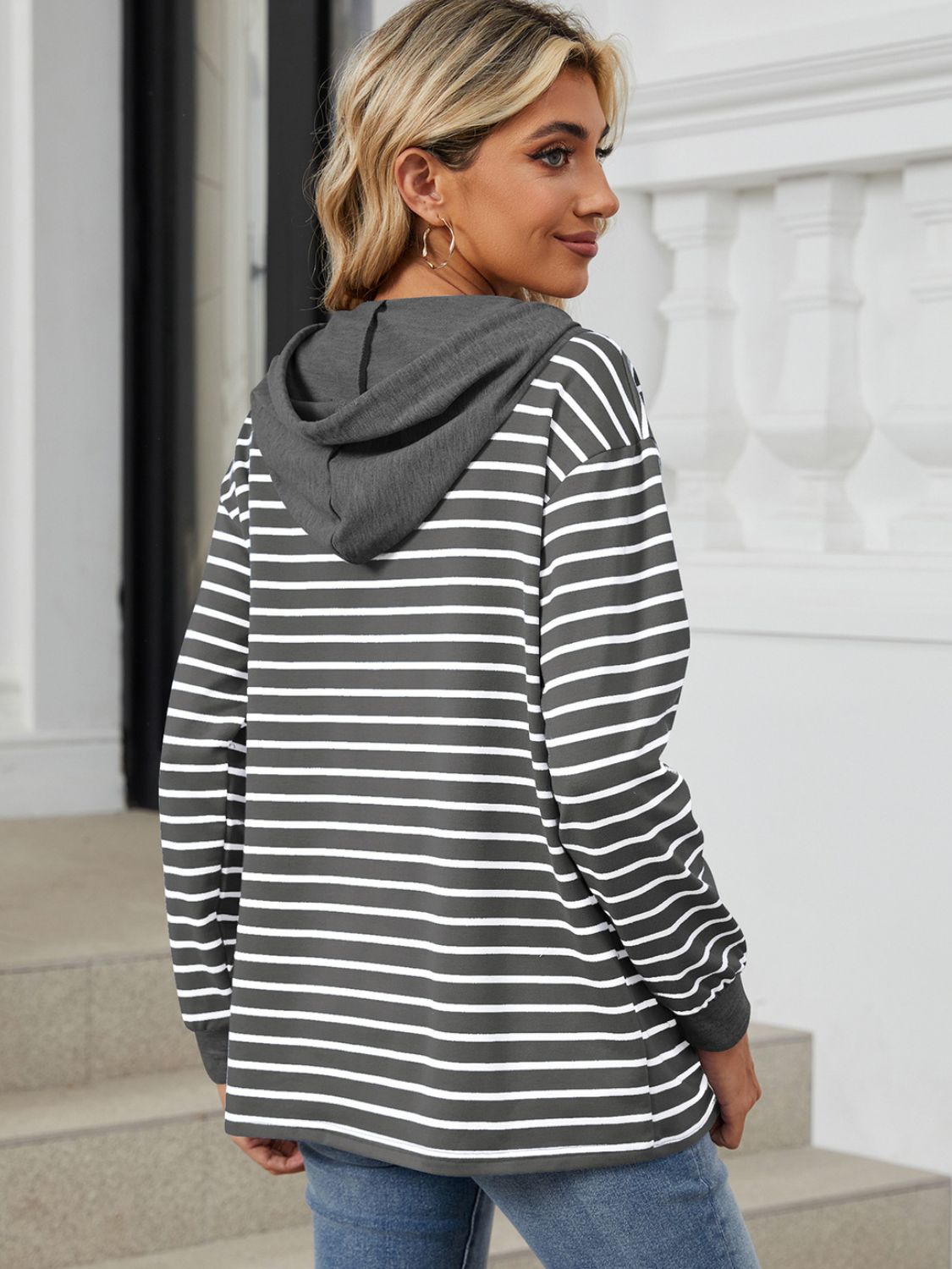 Drawstring Striped Long Sleeve Hoodie