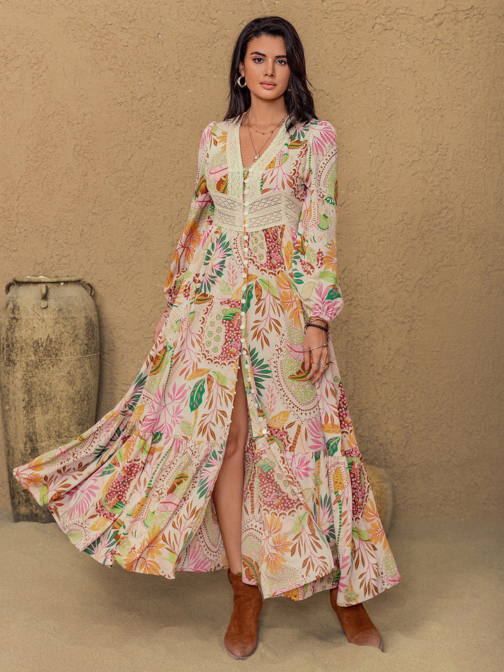 Fashion Sava | Lace Detail Midi Dress | Elegant Printed Design - Multicolor