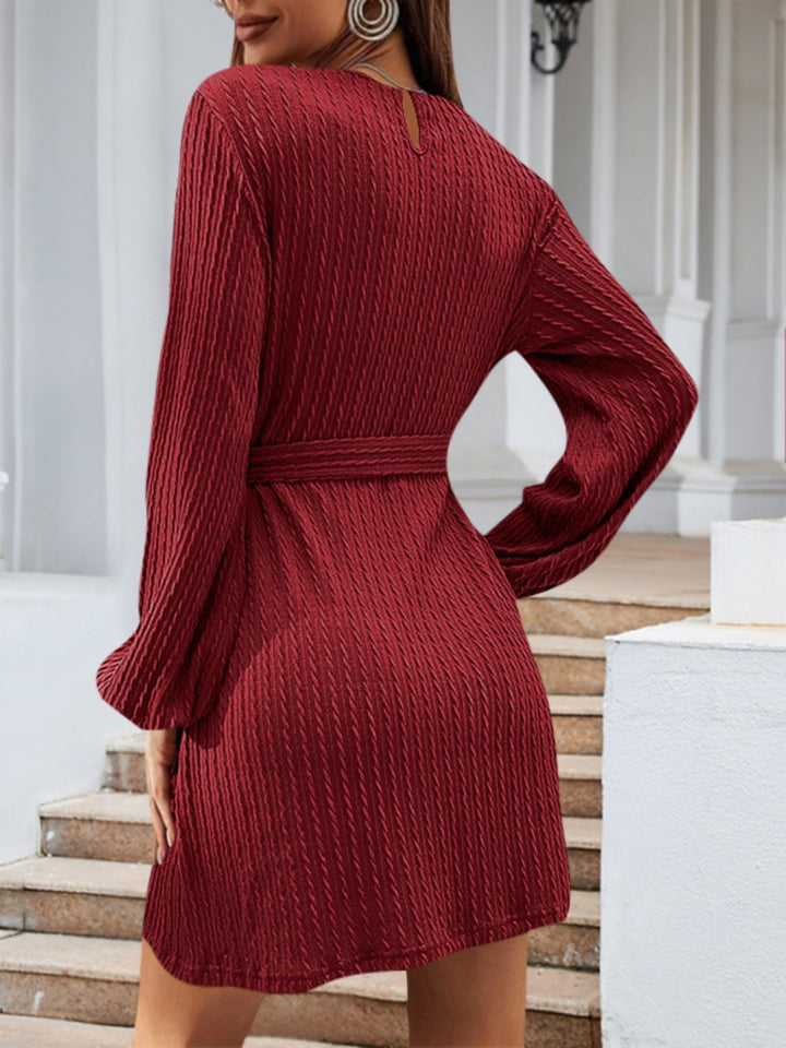 Fashion Sava | Tie Front Long Sleeve Dress | Elegant & Stylish - Rust