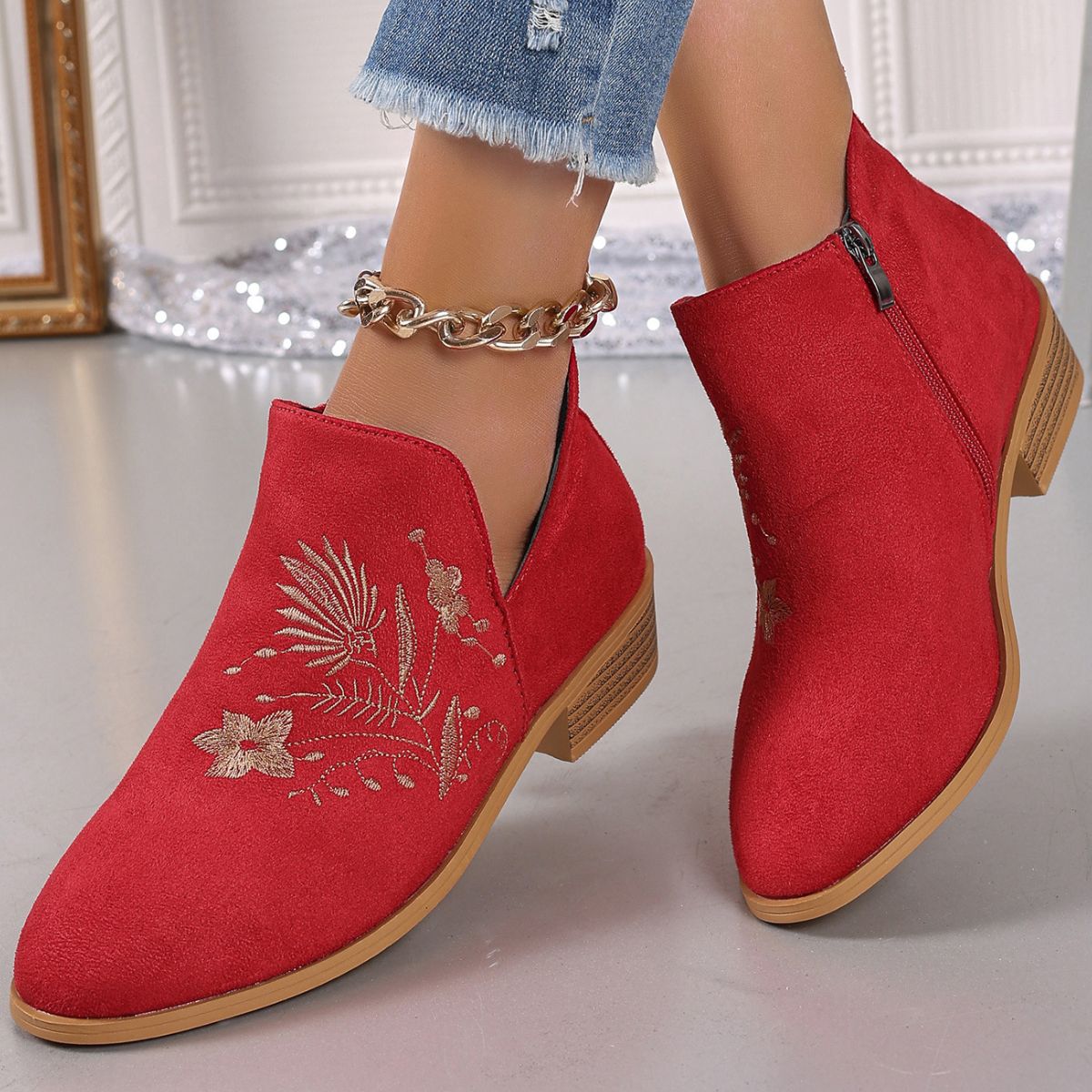 Embroidered Suede Point Toe Block Heel Boots