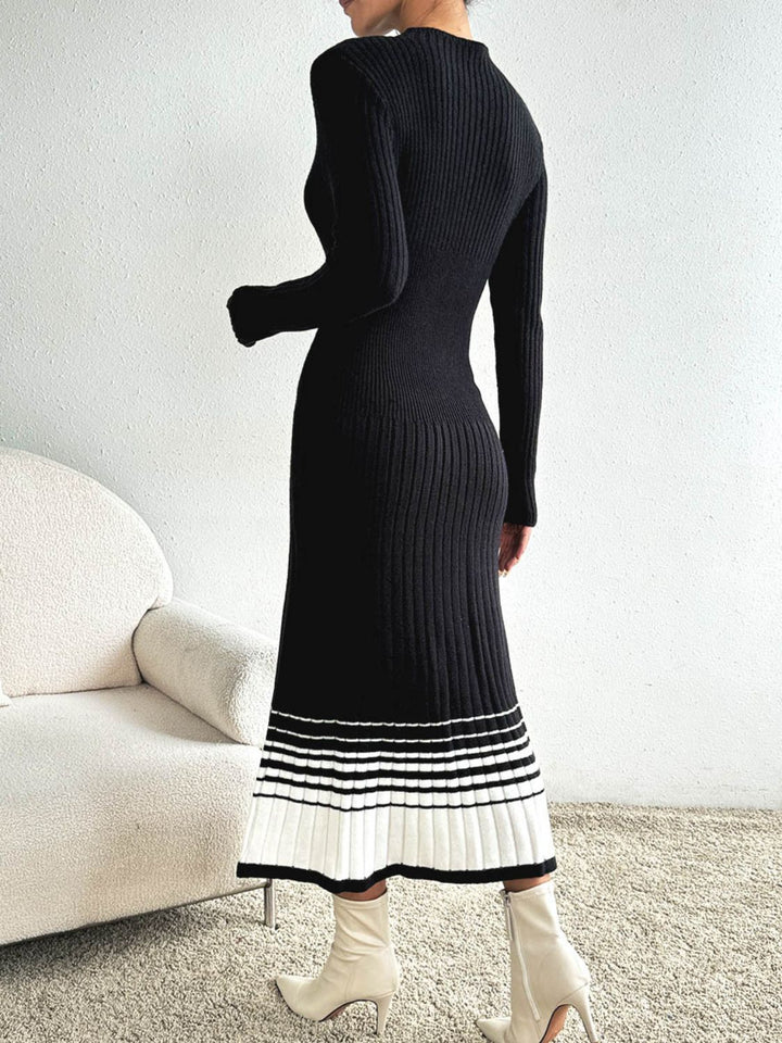 Fashion Sava | Mock Neck Sweater Dress | Contrast Design - Black