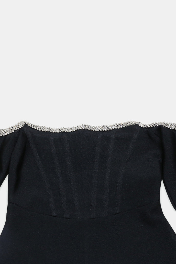 Fashion Sava | Off-Shoulder Bandage Dress | Rhinestone Trim - Black