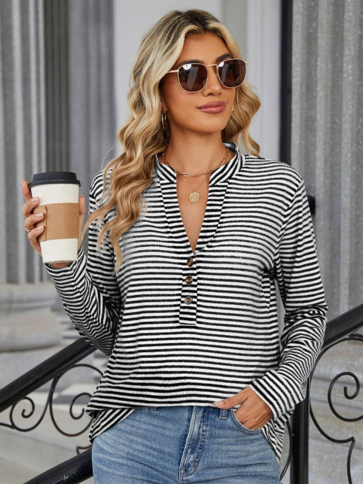 Fashion Sava | Striped T-Shirt | Notched Long Sleeve Style