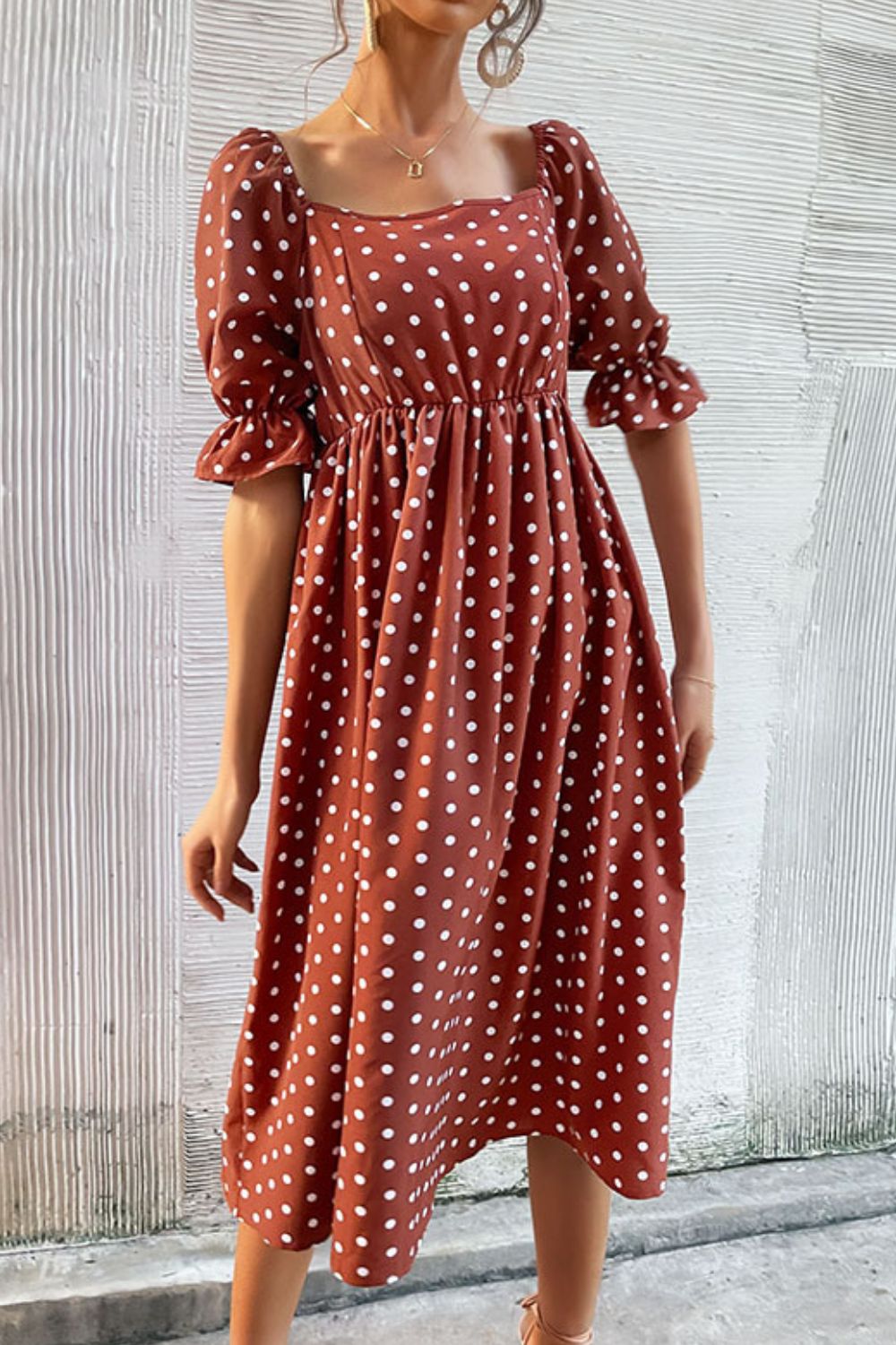 Perfee Polka Dot Square Neck Flounce Sleeve Dress