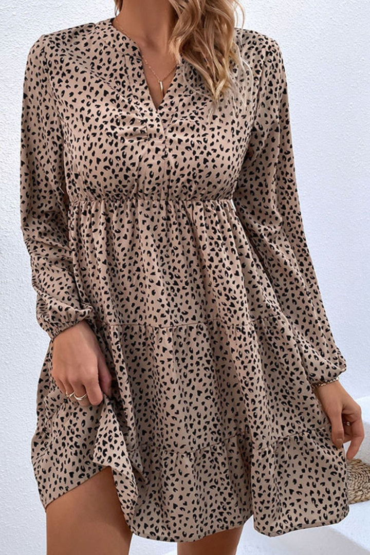 Fashion Sava | Empire Waist Notched Dress | Printed Tiered Style - Khaki