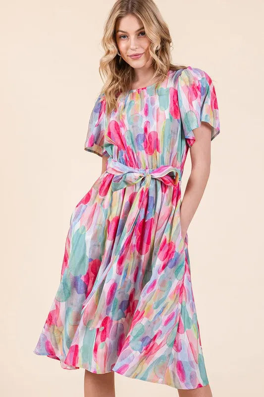 Fashion Sava | Watercolor Midi Dress | Tie Front Elegance