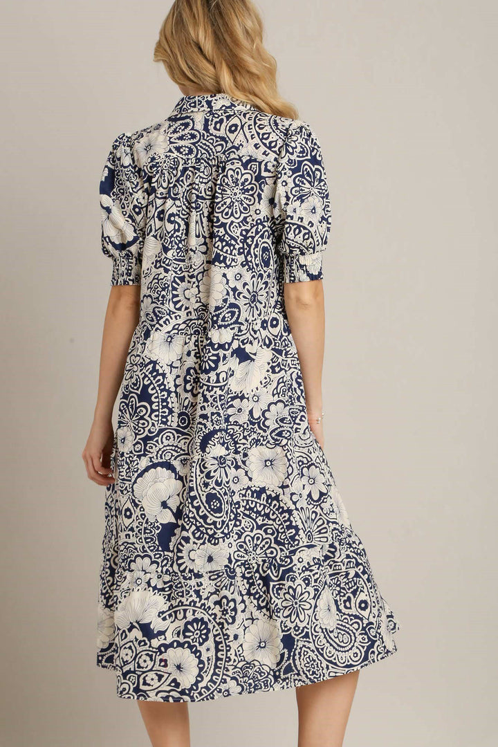 Fashion Sava | Umgee Printed Puff Sleeve Midi Dress | Smocked Cuff Style - Dark Blue
