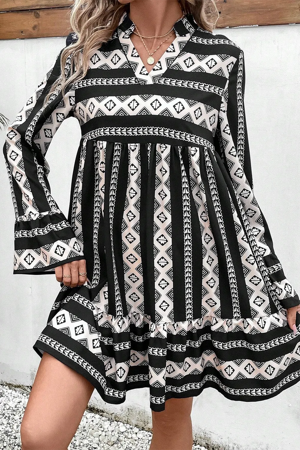 Fashion Sava | Geometric Ruffle Hem Dress | Flare Sleeve Style - Black