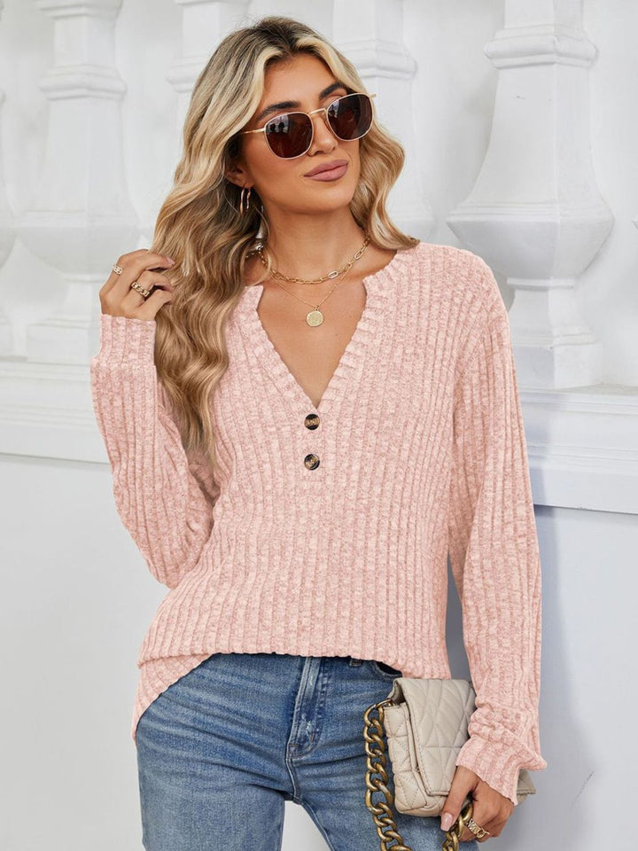 Fashion Sava | Ribbed Notched T-Shirt | Versatile Long Sleeve Top