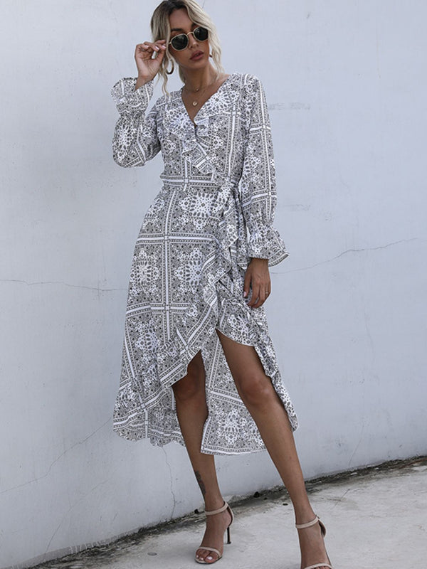 Fashion Sava | Ruffled Slit Surplice Dress | Elegant Long Sleeve Design - White